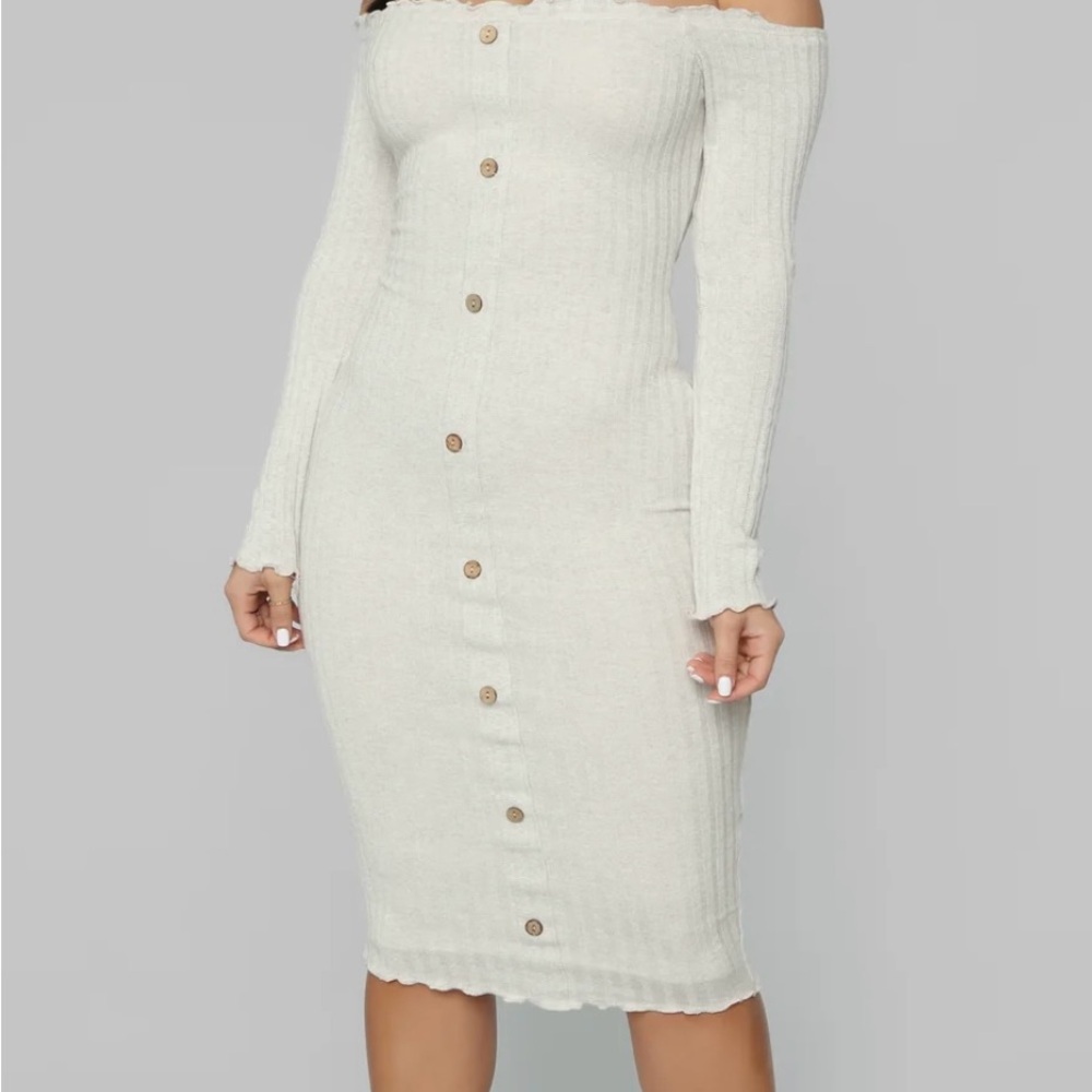 Fashion Nova Off-Shoulder Button-Down Dress in Cream